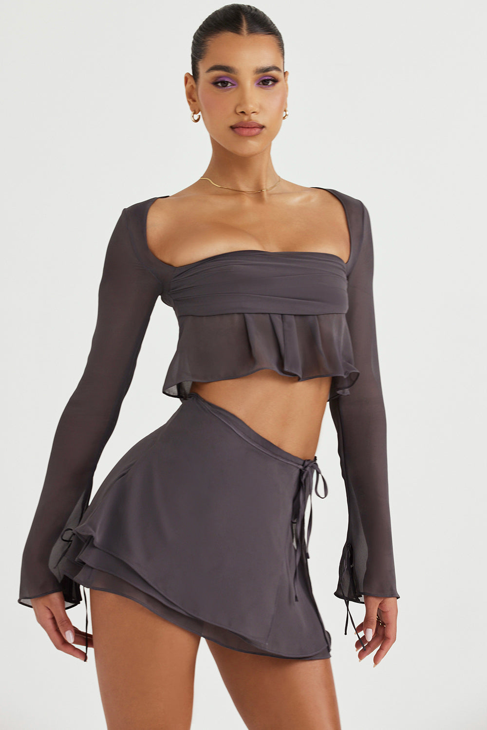 Shadow floating long sleeve top and tiered mini skirt