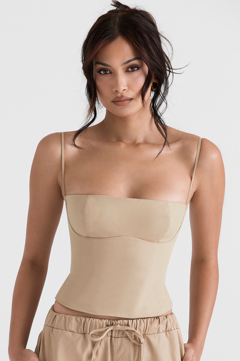 Camel structured corset with cargo pants