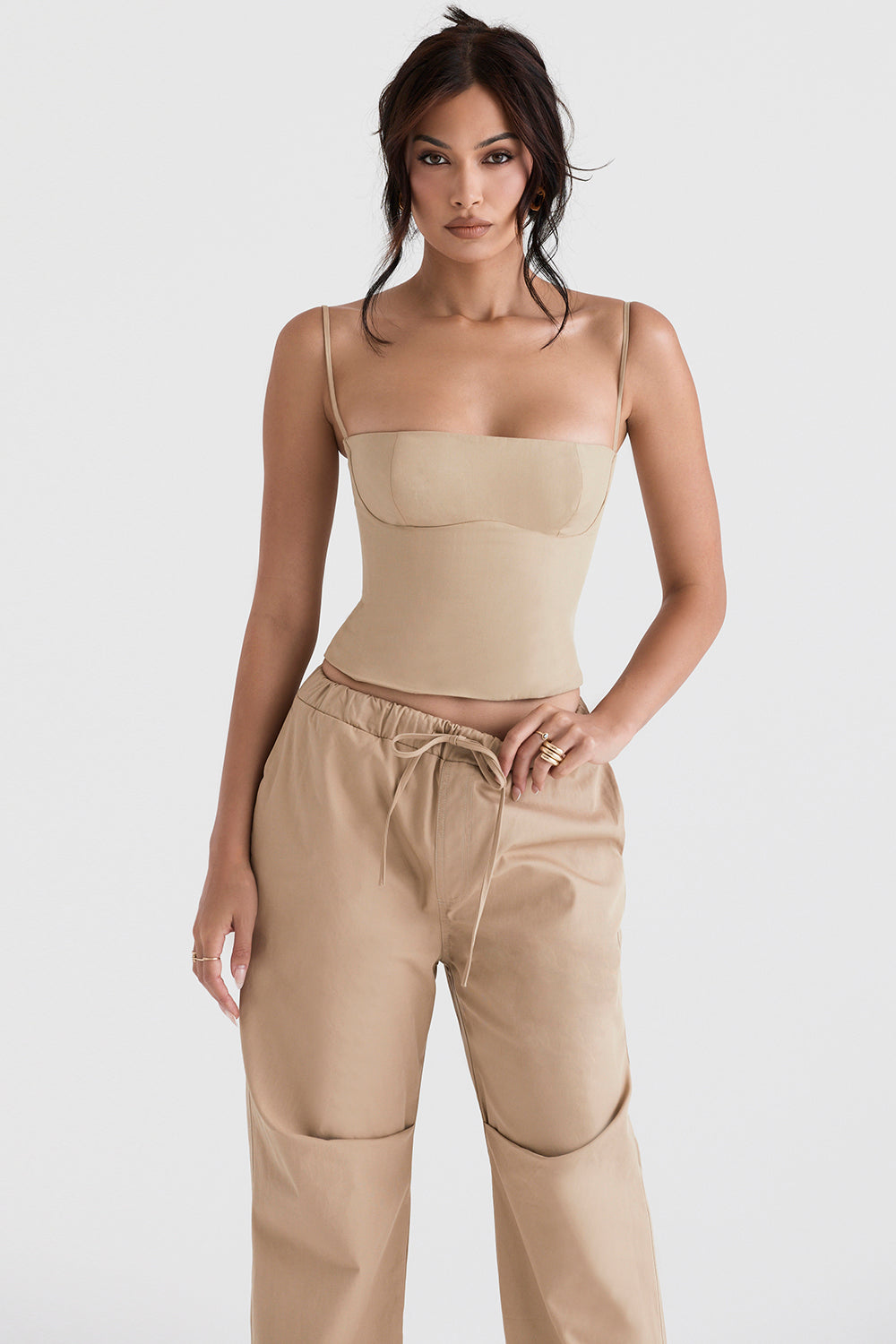 Camel structured corset with cargo pants