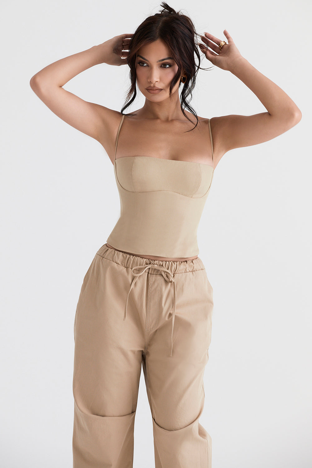 Camel structured corset with cargo pants