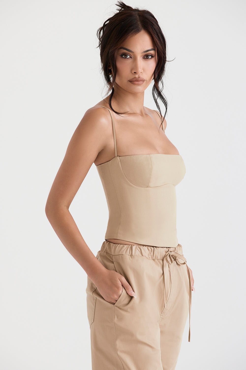 Camel structured corset with cargo pants