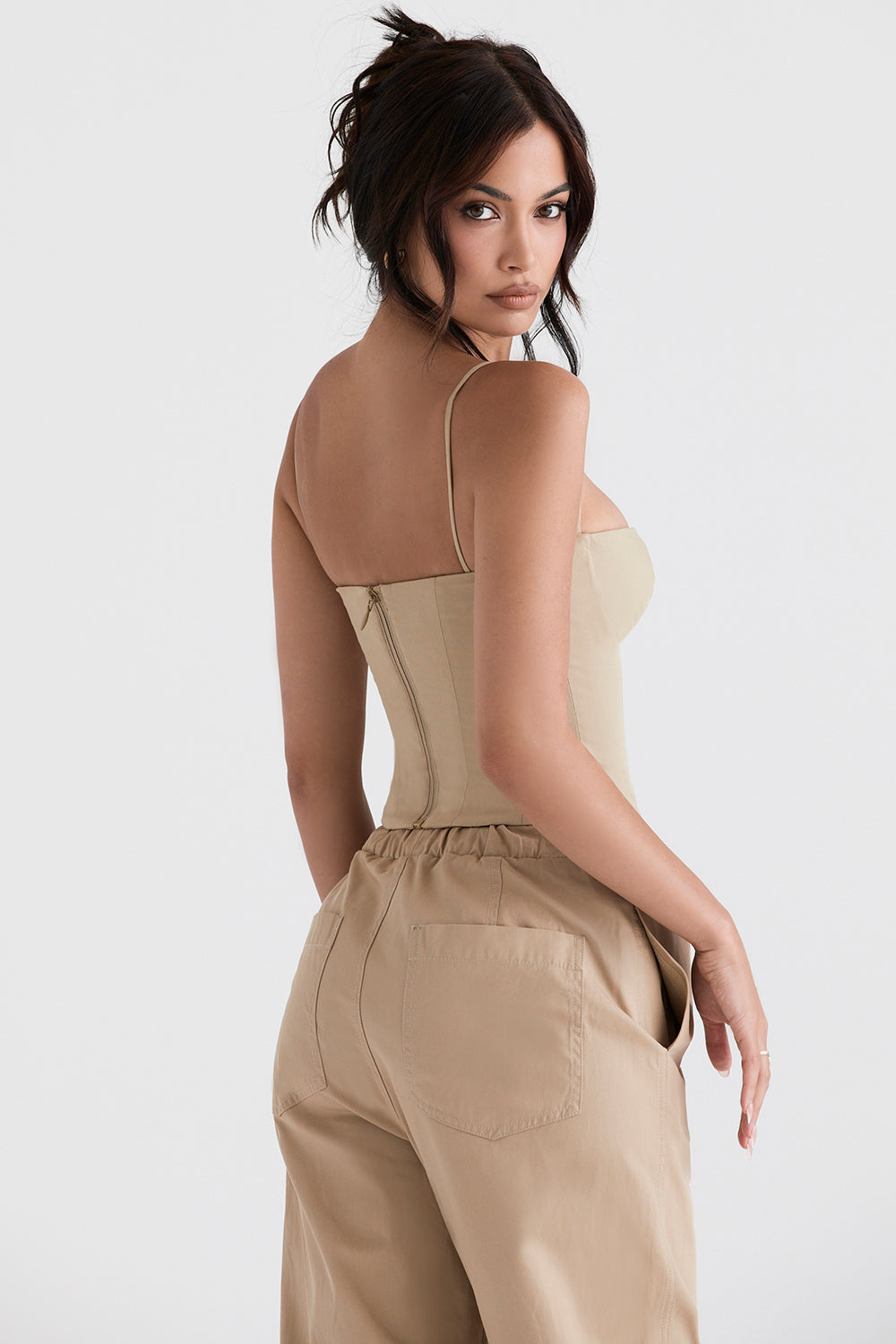 Camel structured corset with cargo pants