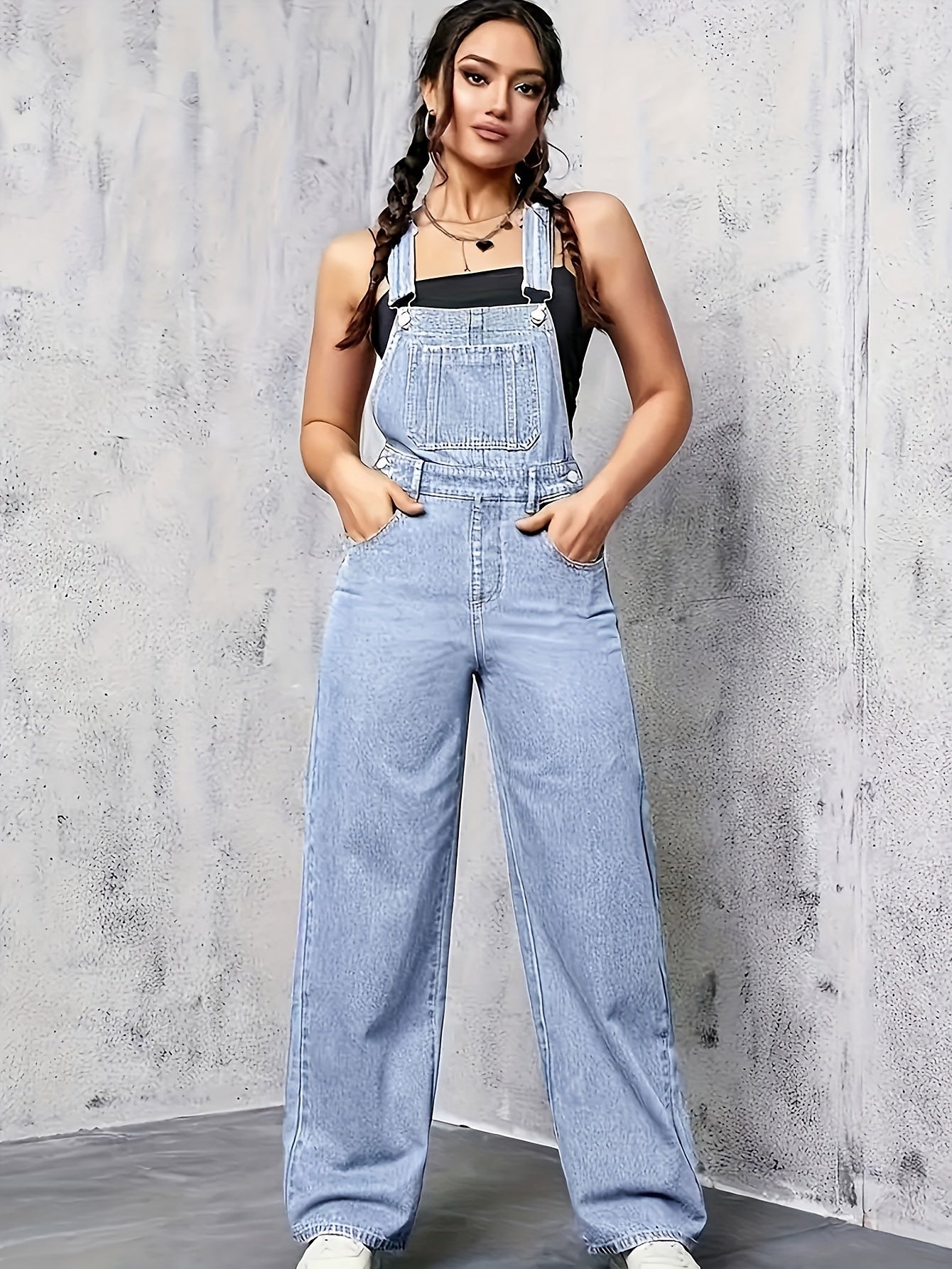 Denim overalls with wide legs