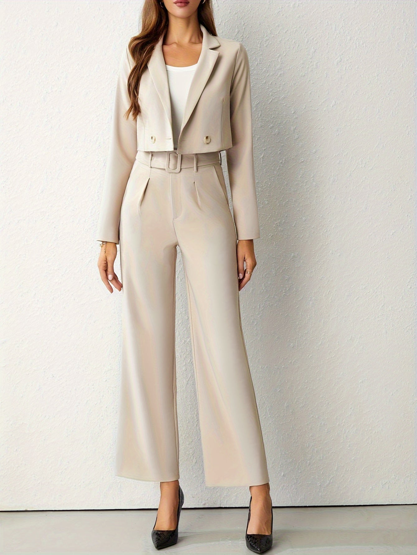 Elegant beige lapel blazer and straight leg trousers