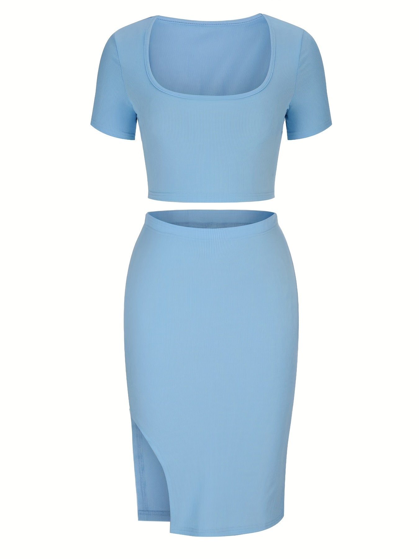 Crop top with square neckline and fitted skirt with slit