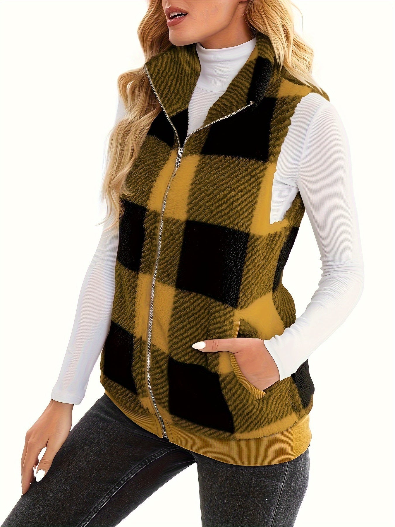 Checked teddy cardigan with stand-up collar