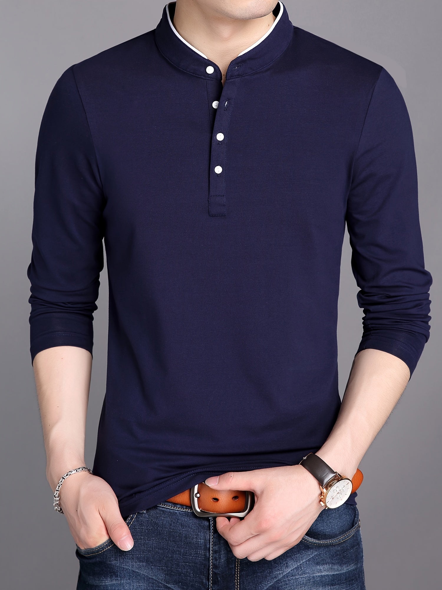 Stand-up collar top and half-button shirt