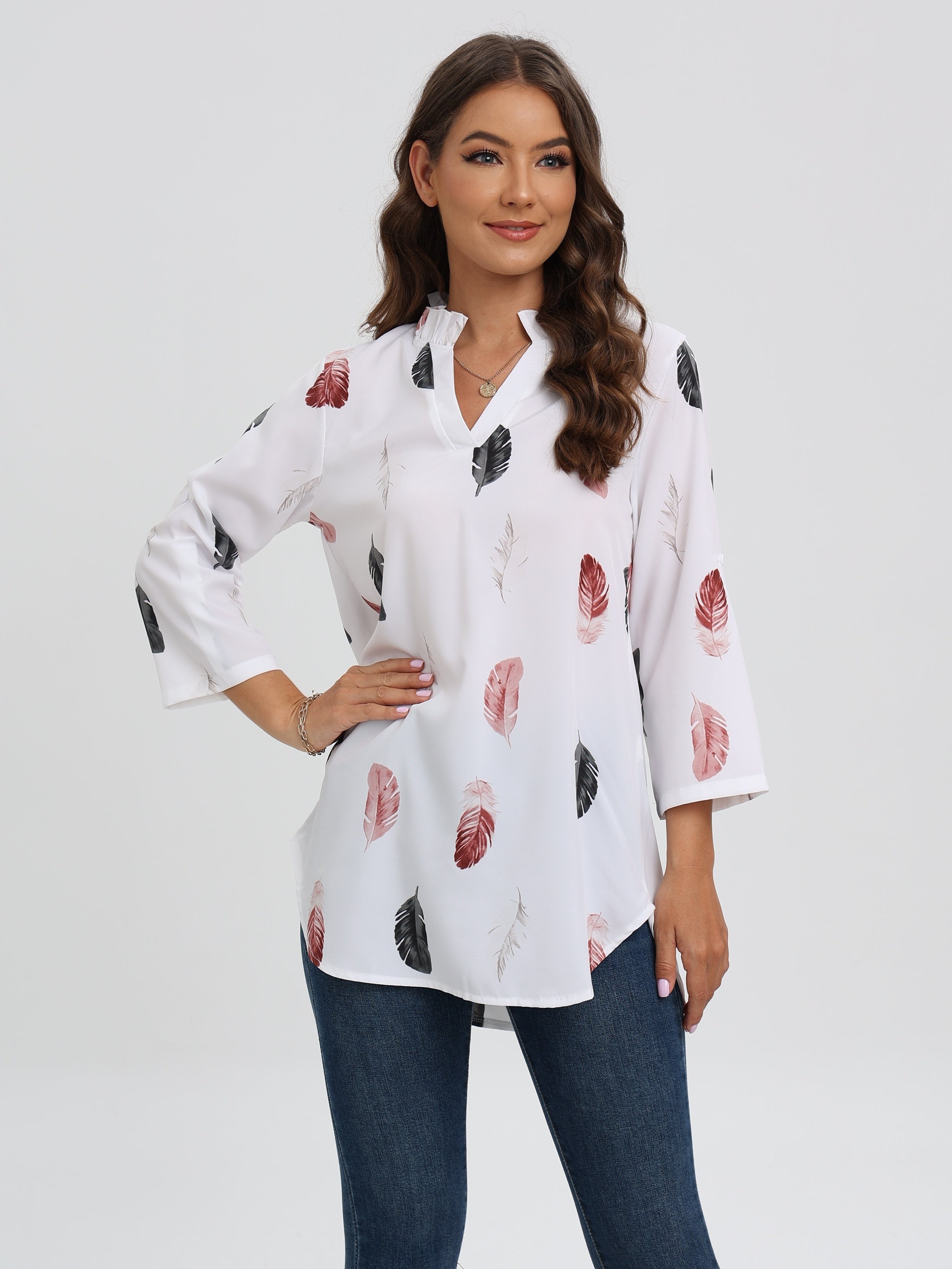 Blouse with notch neck and feather print