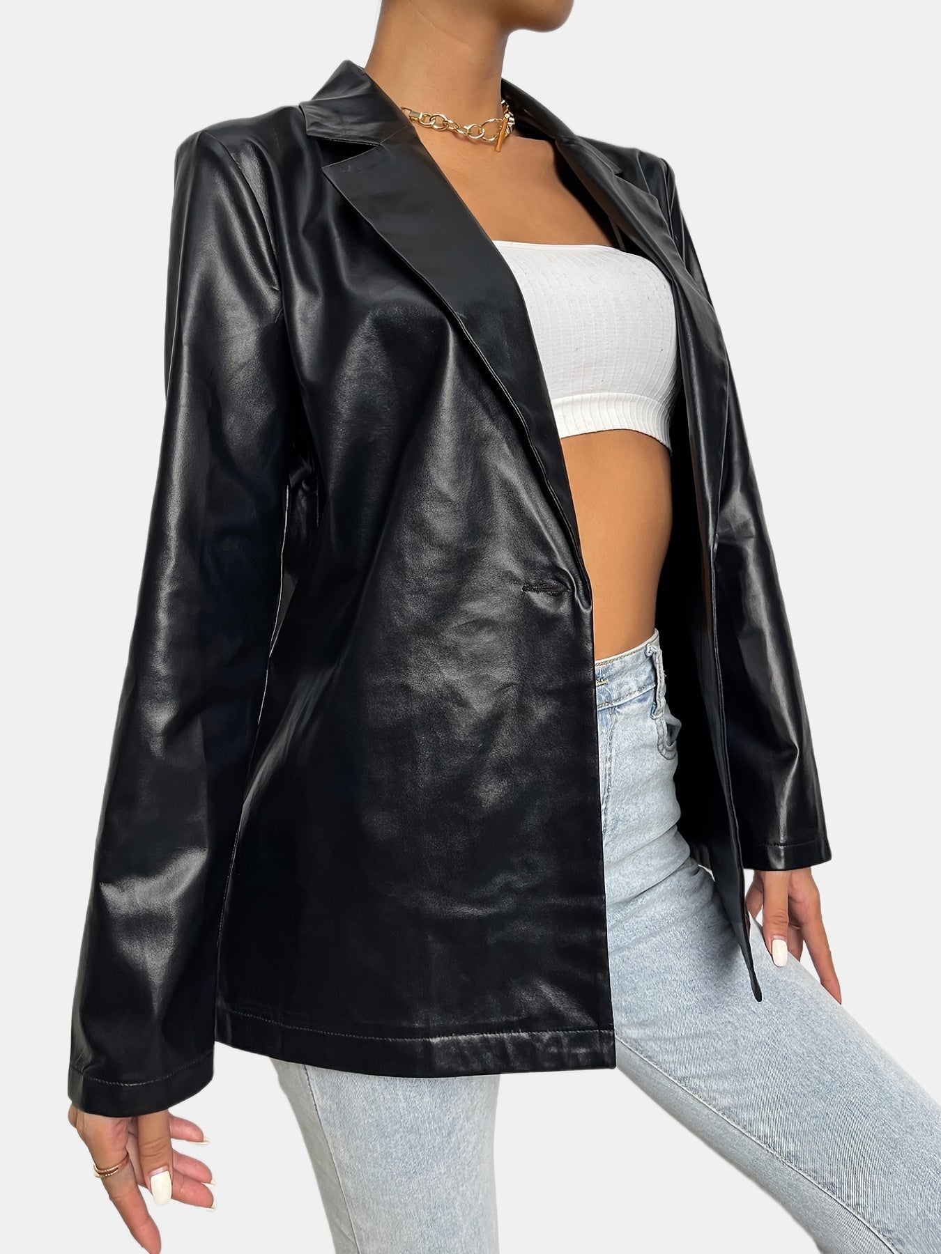 Black faux leather jacket with lapels