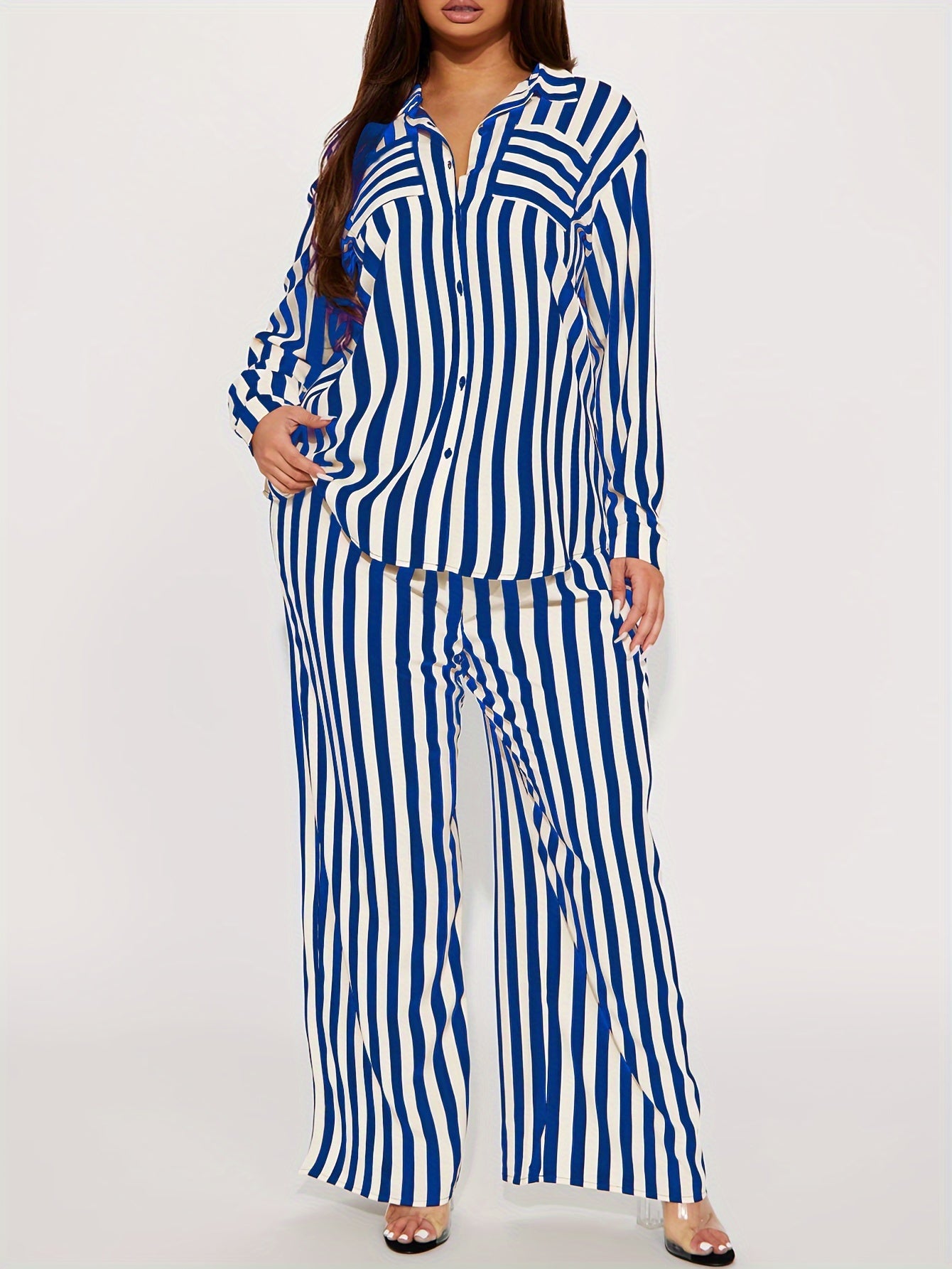 Set consisting of a striped shirt with long sleeves and wide-leg trousers