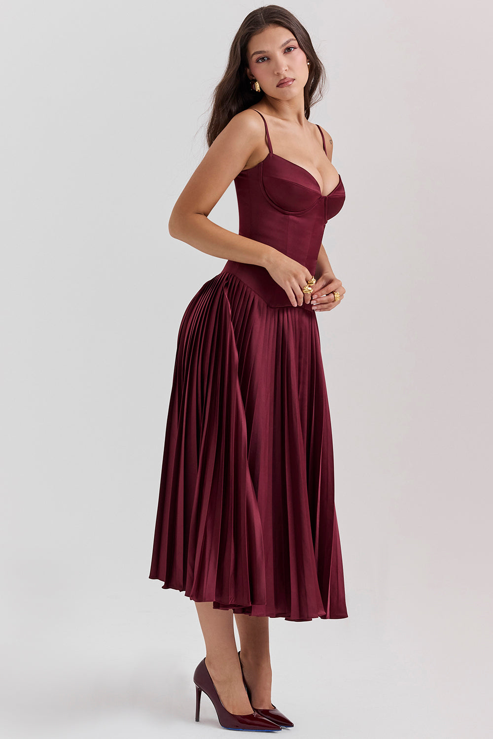 Wine satin pleated midi dress