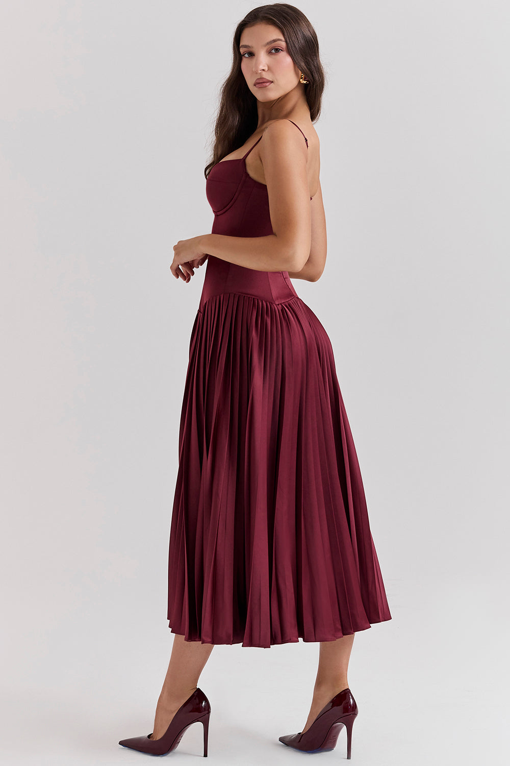 Wine satin pleated midi dress