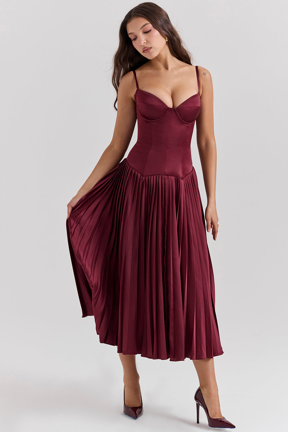 Wine satin pleated midi dress