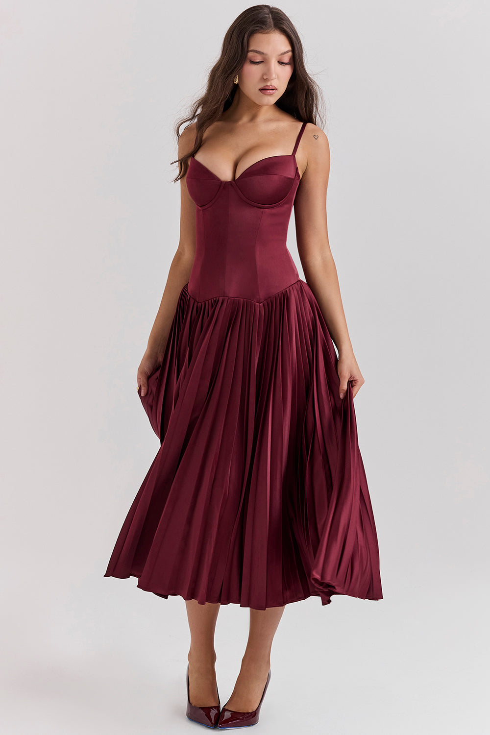 Wine satin pleated midi dress