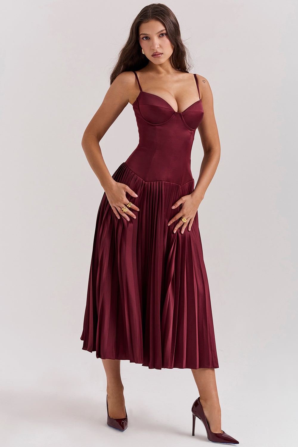 Wine satin pleated midi dress