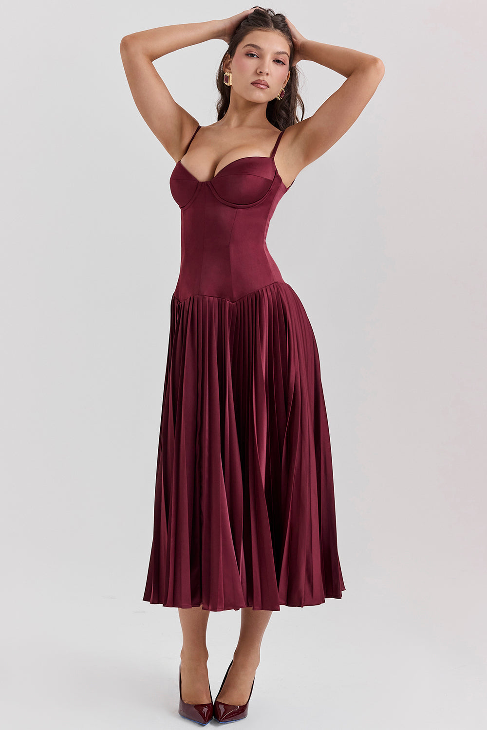 Wine satin pleated midi dress