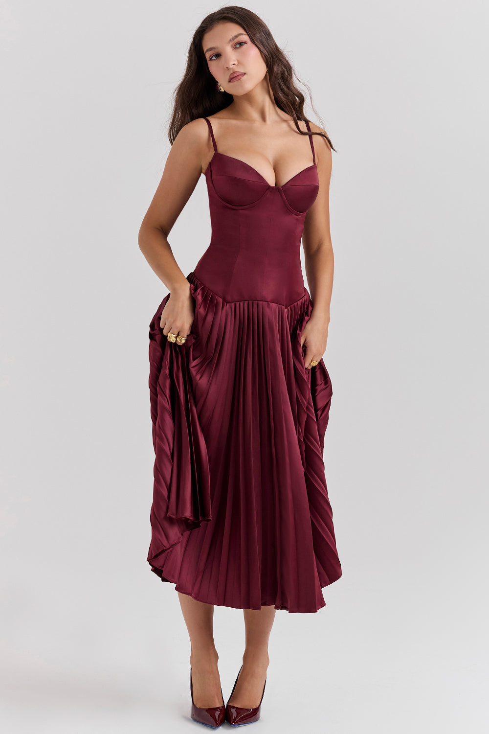 Wine satin pleated midi dress