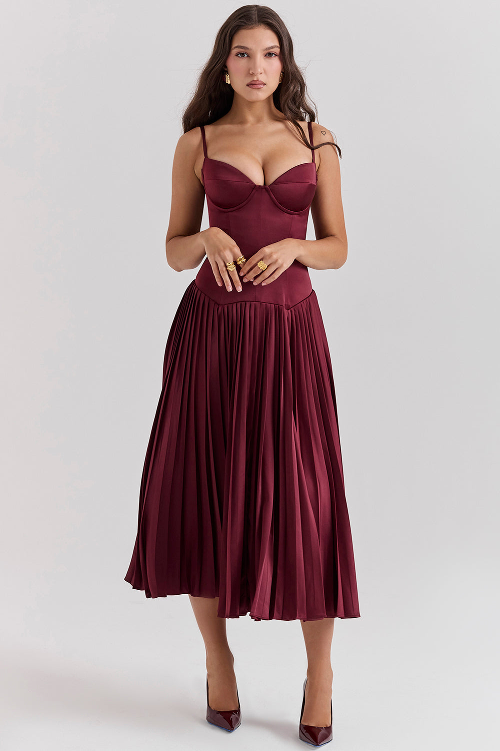 Wine satin pleated midi dress