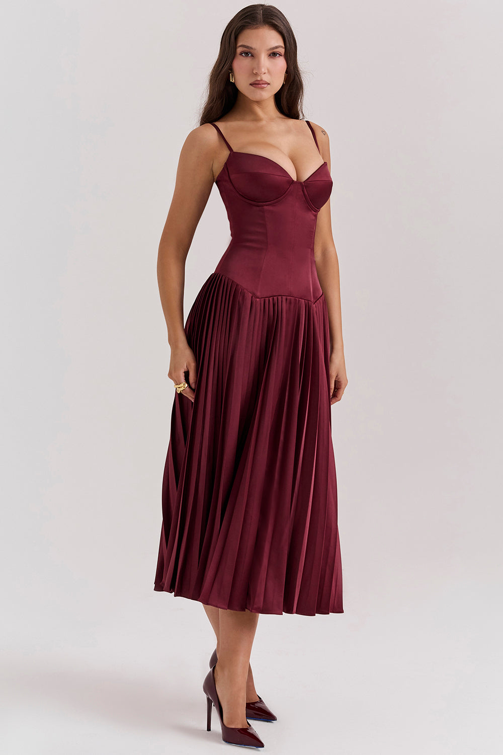 Wine satin pleated midi dress