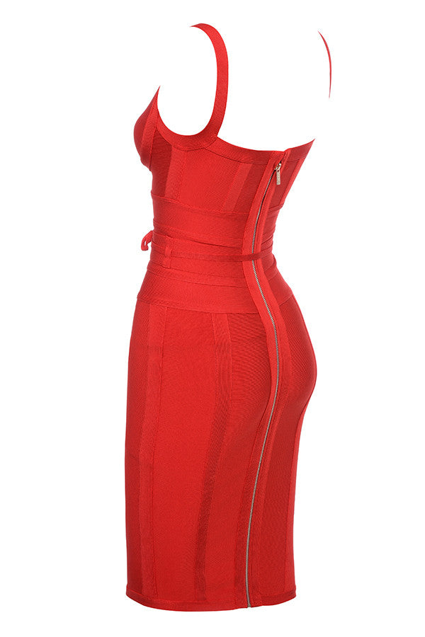 Red bandage dress with tie belt