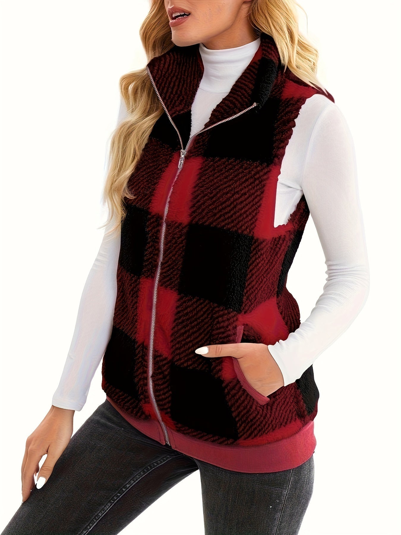 Checked teddy cardigan with stand-up collar