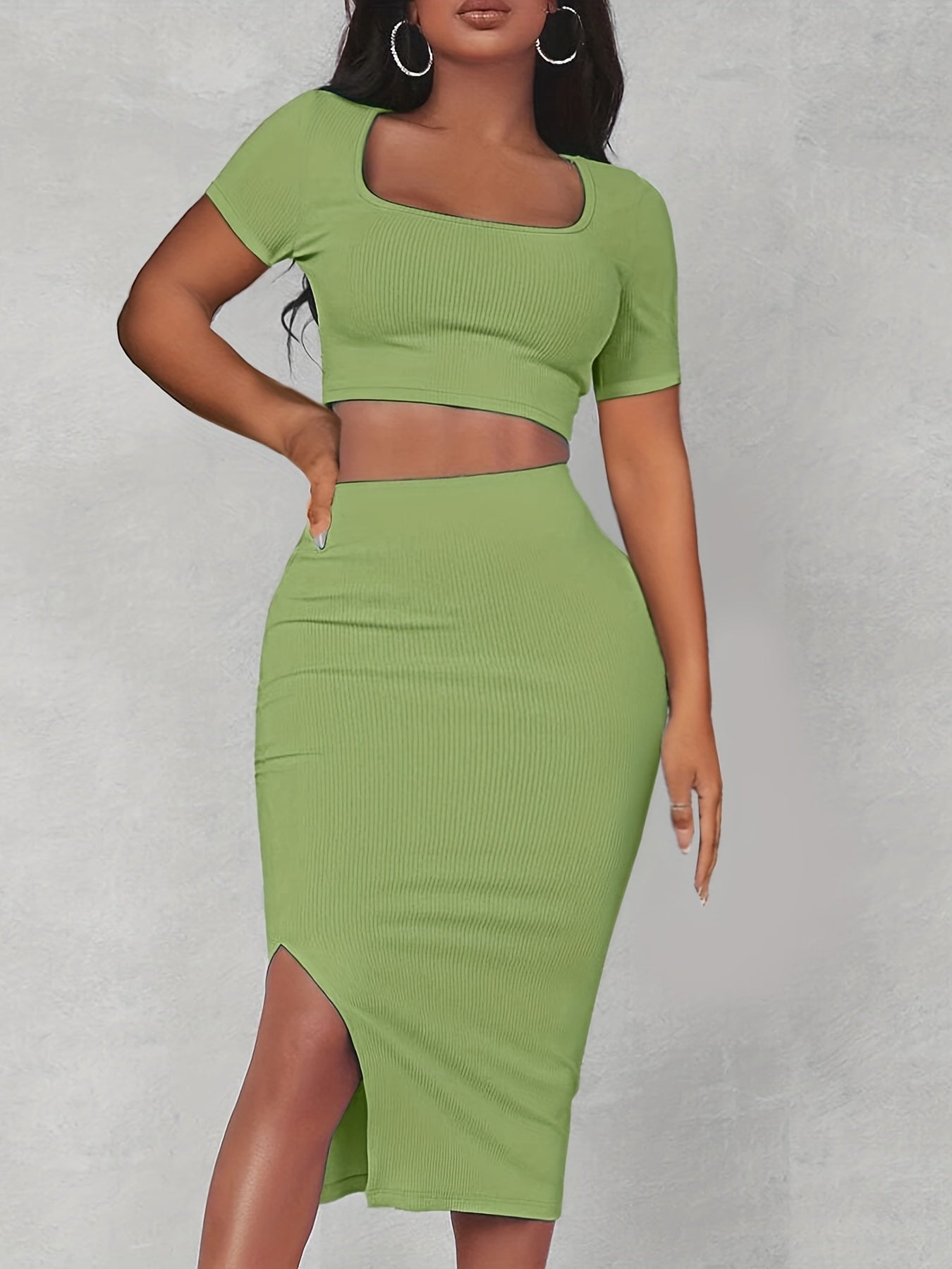 Crop top with square neckline and fitted skirt with slit