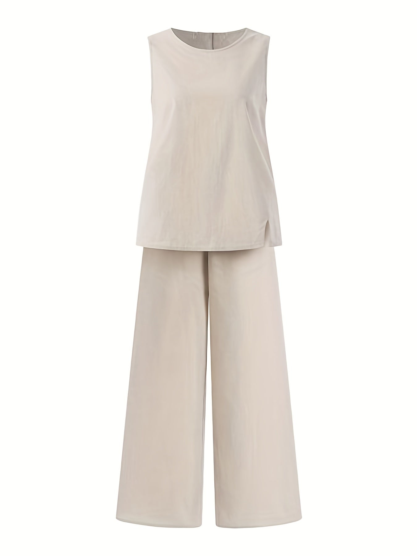 Beige sleeveless tank top and wide leg pants