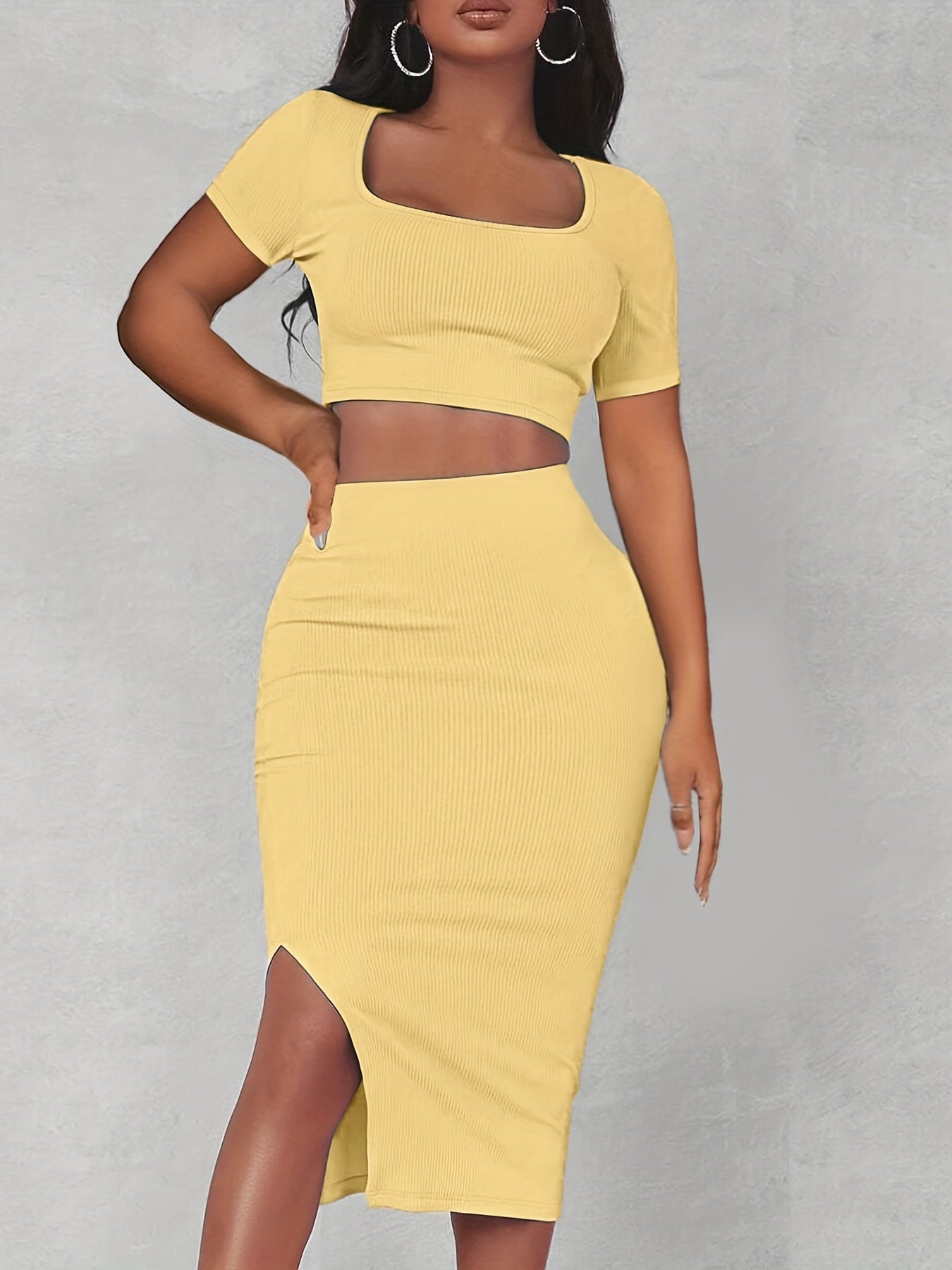 Crop top with square neckline and fitted skirt with slit