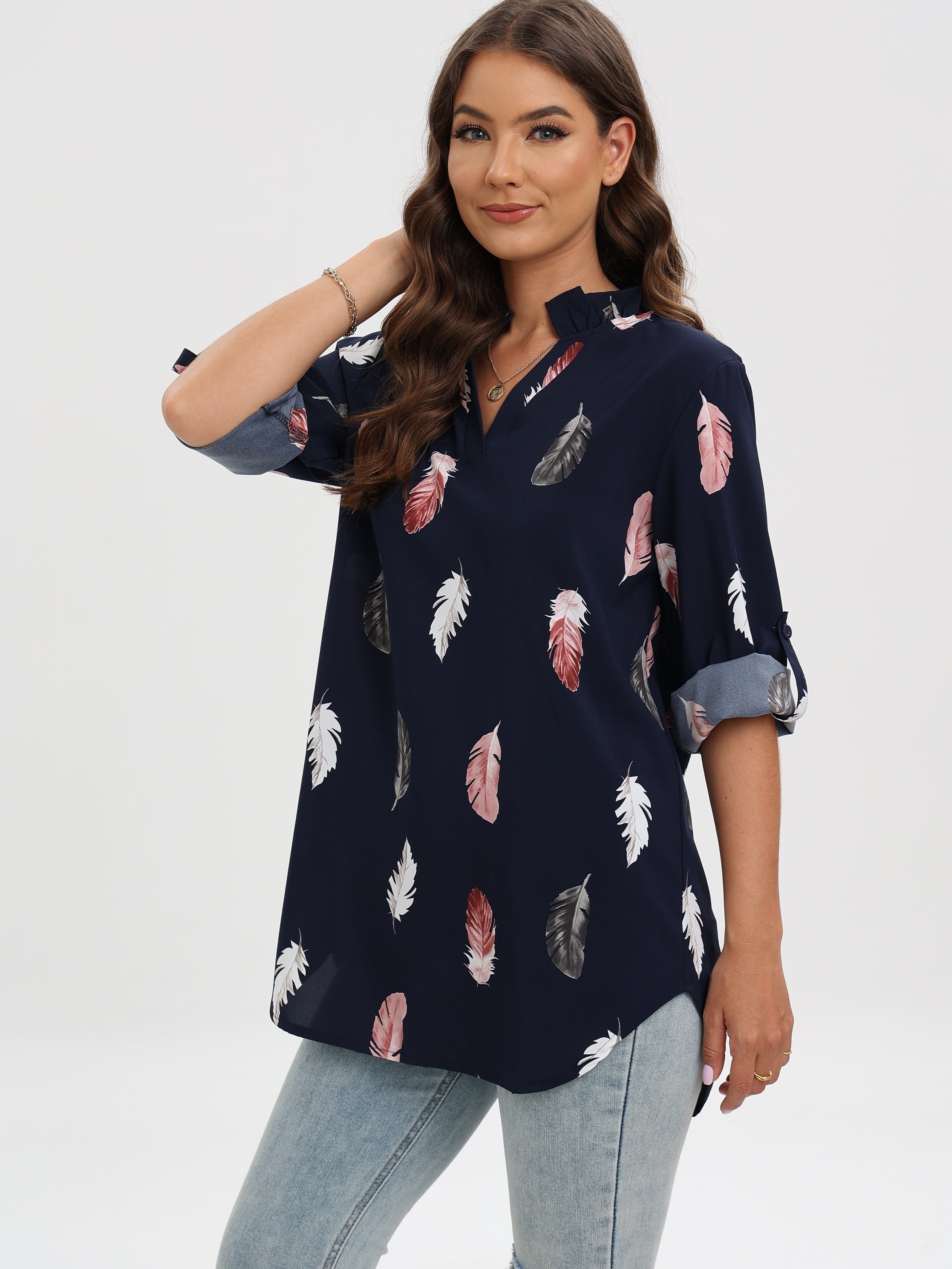 Blouse with notch neck and feather print