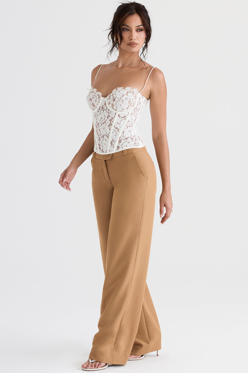 Lace underwire corset with Caramel relaxed trousers