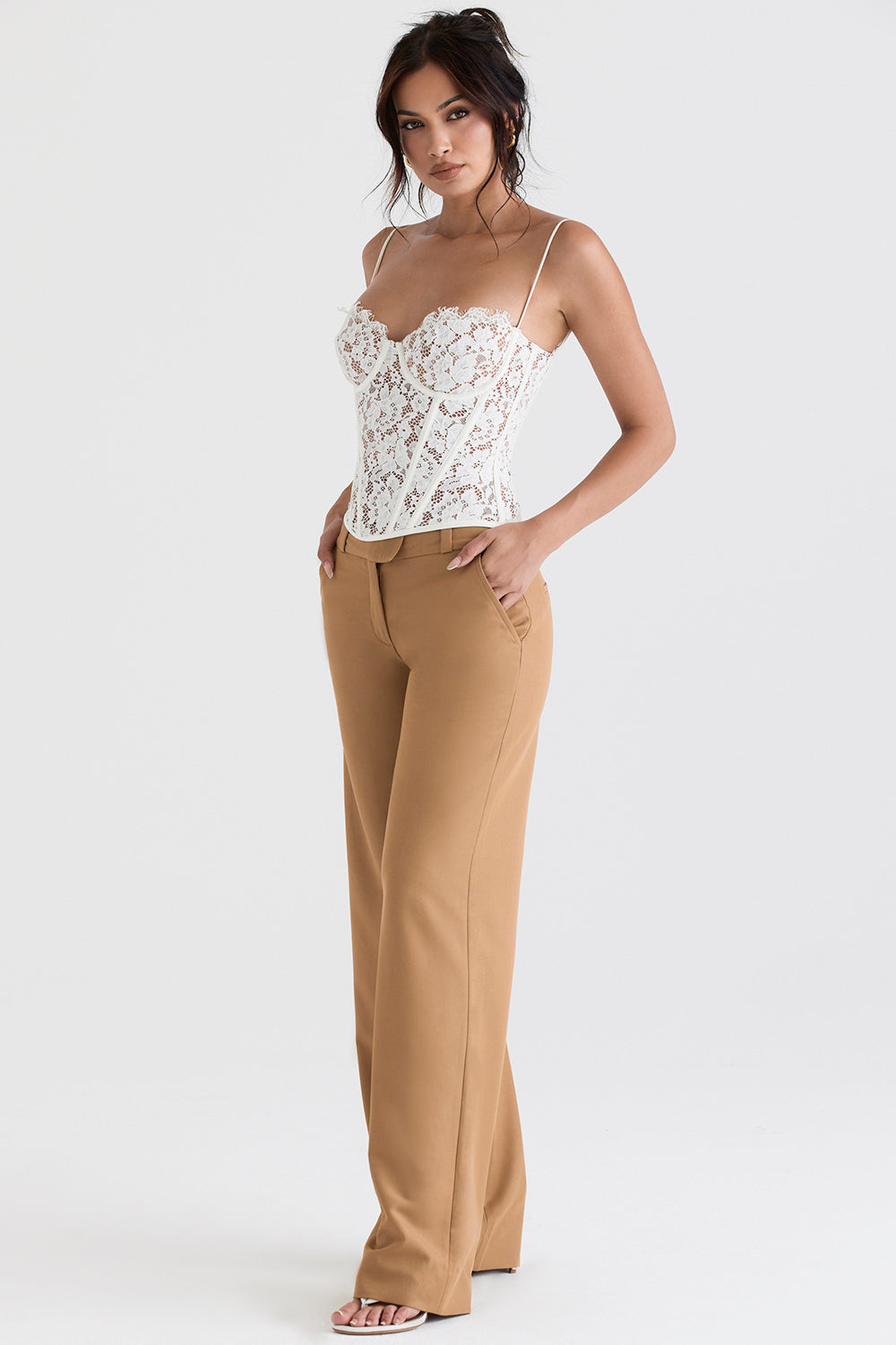 Lace underwire corset with Caramel relaxed trousers