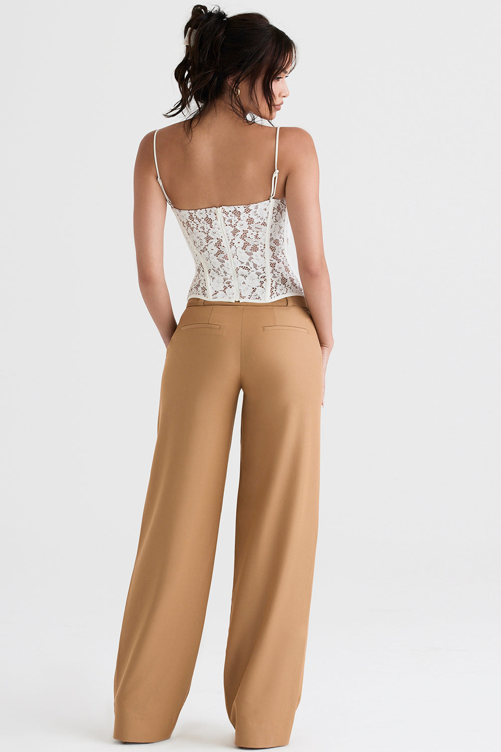 Lace underwire corset with Caramel relaxed trousers