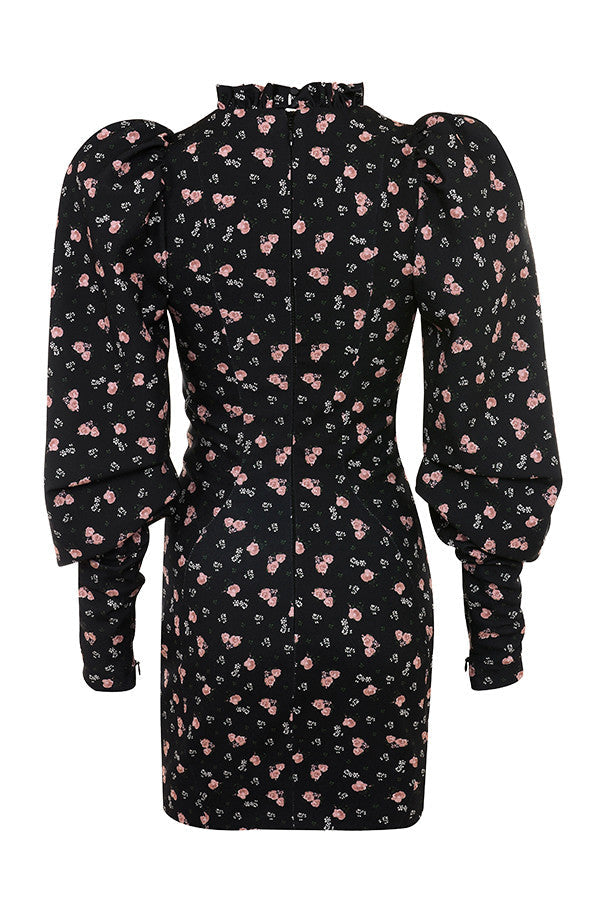 Black mini dress with puff sleeves and flowers