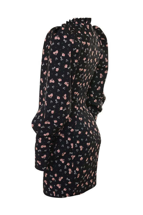 Black mini dress with puff sleeves and flowers