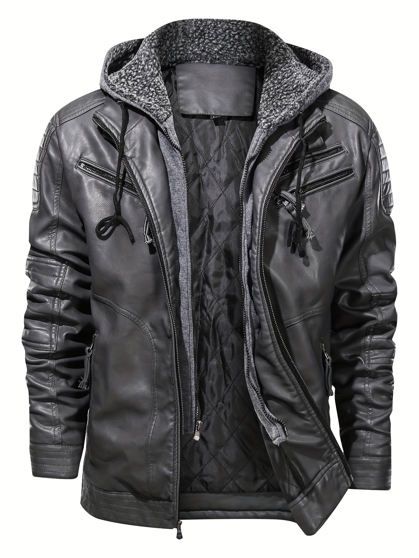 Gray leather biker jacket with hood