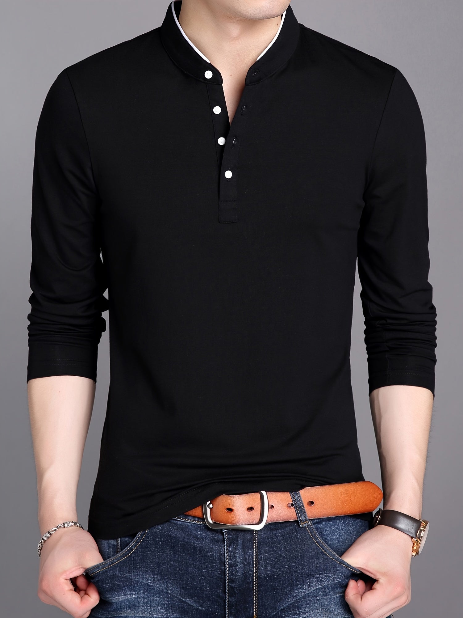 Stand-up collar top and half-button shirt