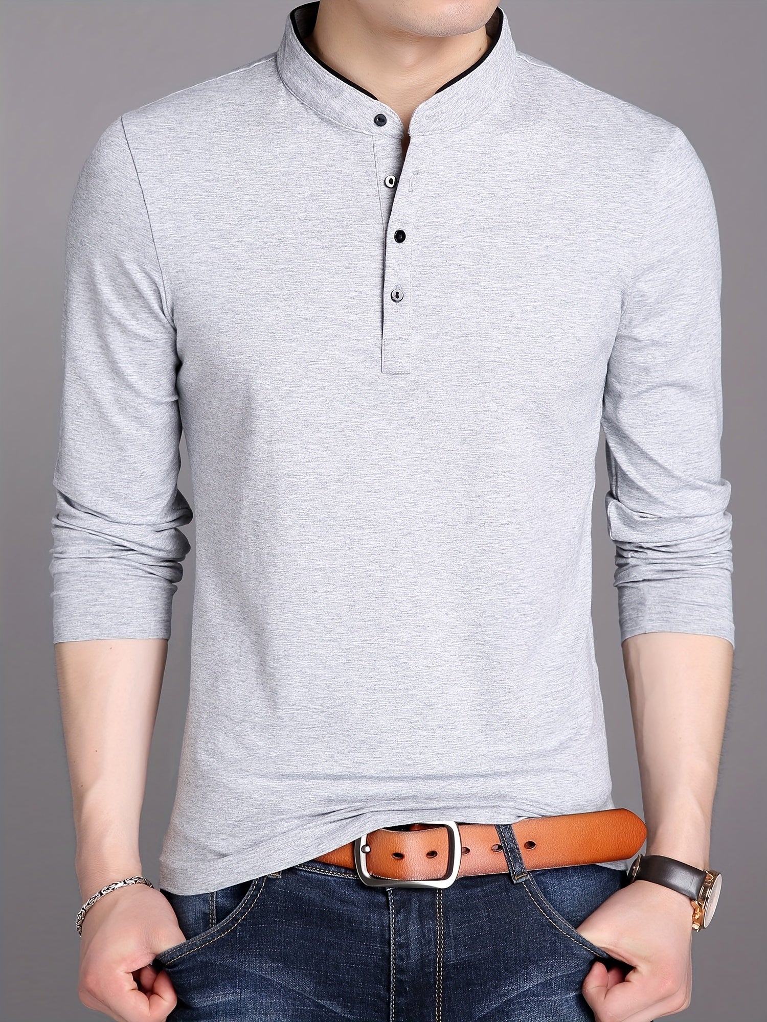 Stand-up collar top and half-button shirt