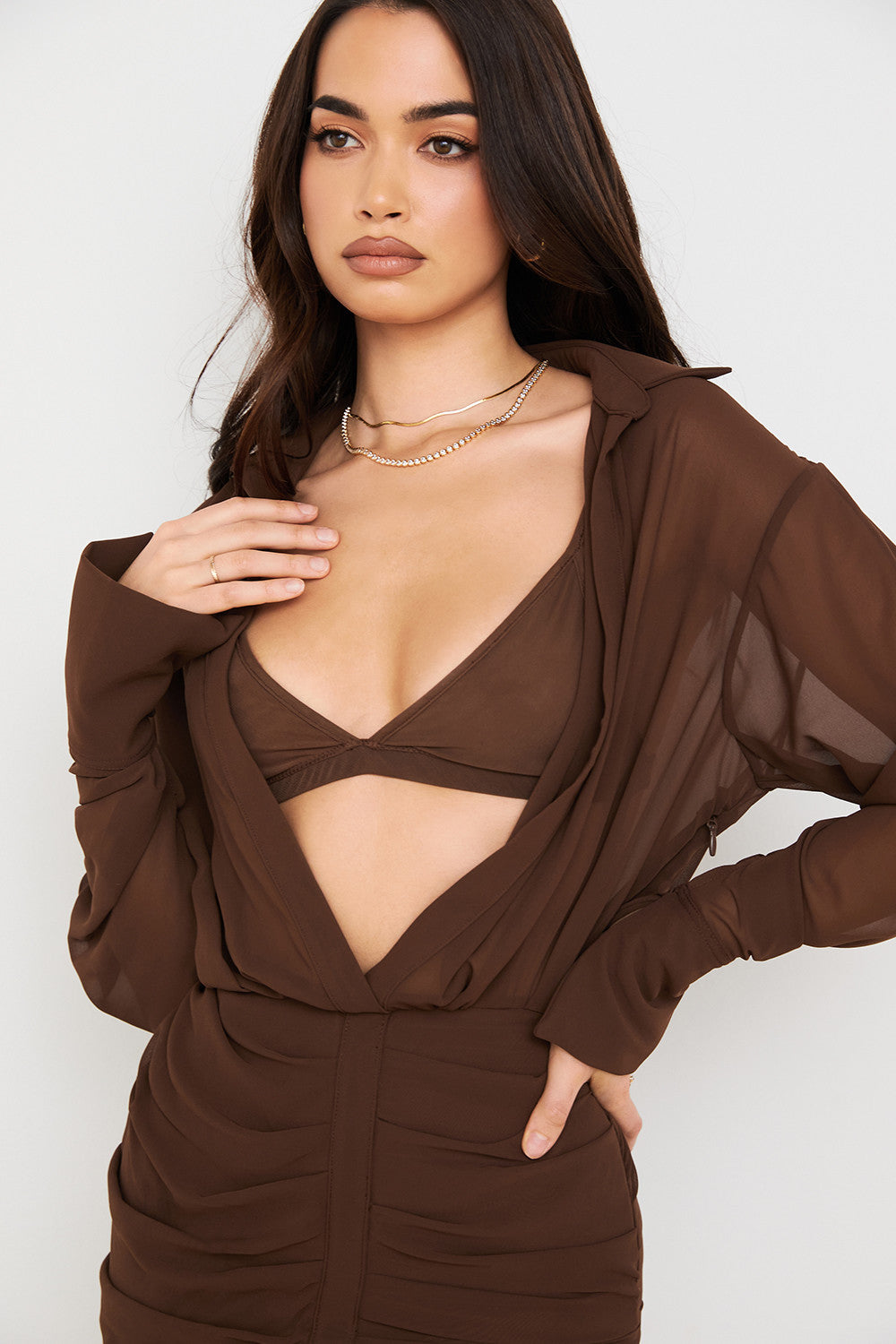 Chocolate chiffon shirt dress and bralette