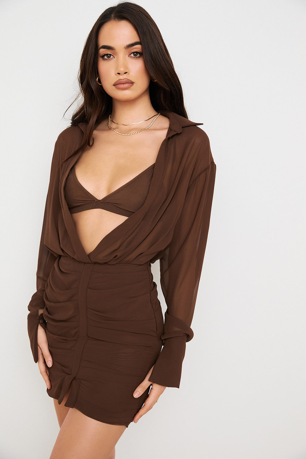 Chocolate chiffon shirt dress and bralette