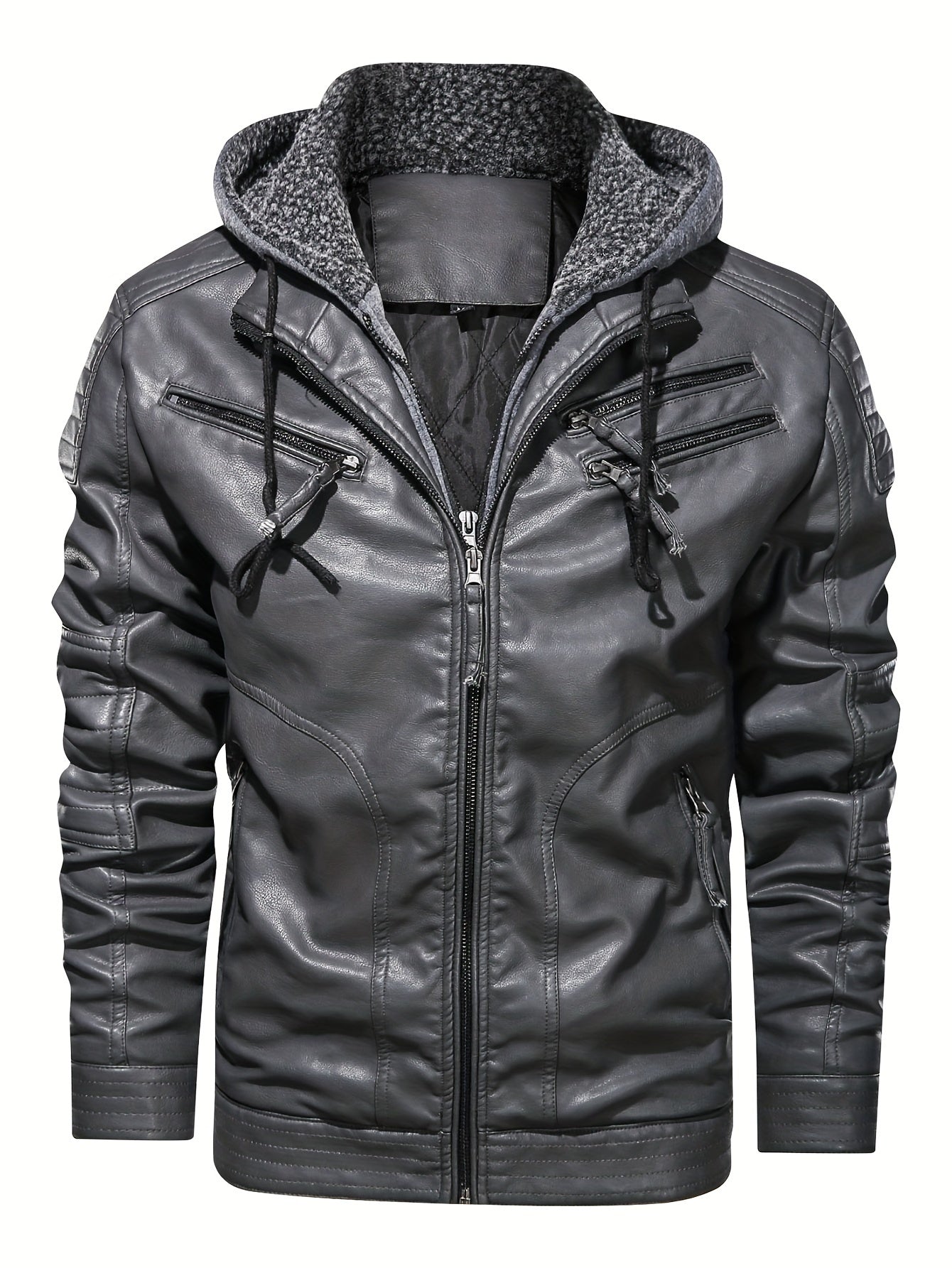 Gray leather biker jacket with hood