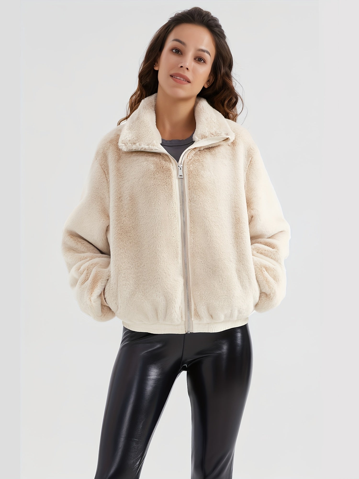 Faux fur jacket with stand-up collar