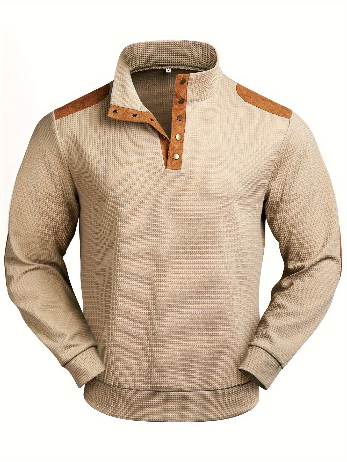 Henley shirt in beige with long sleeves and standing collar