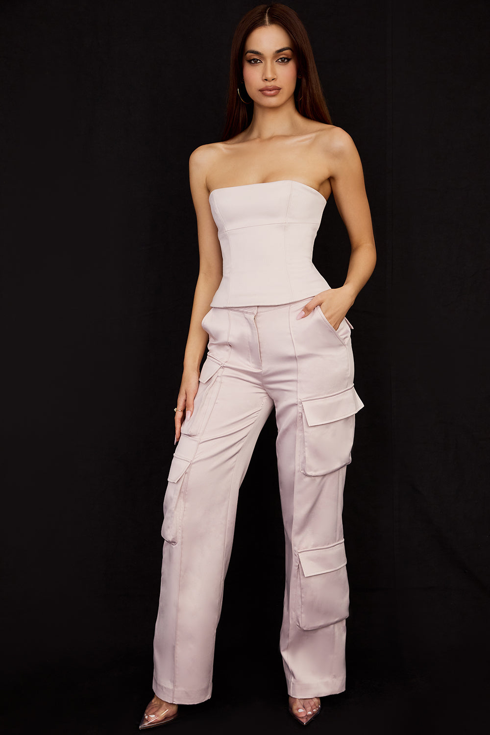 Crystal satin strapless straight leg corset cargo pants