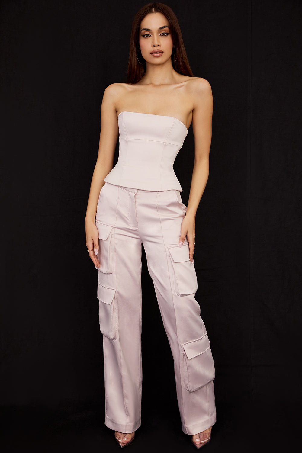 Crystal satin strapless straight leg corset cargo pants