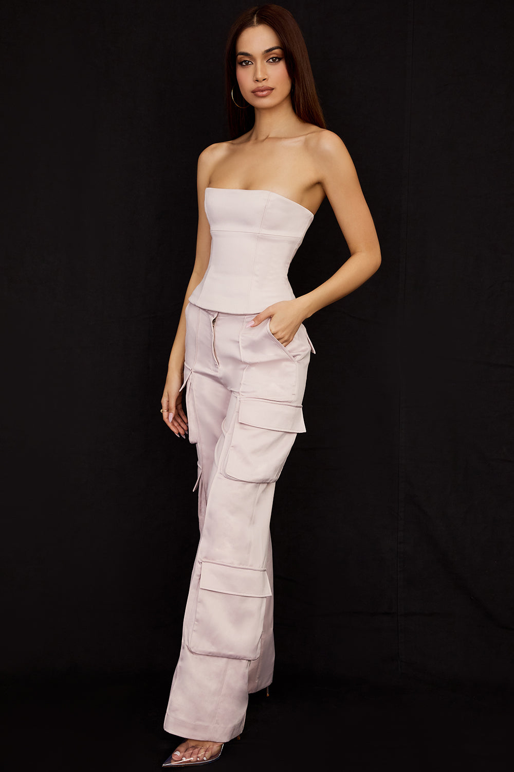 Crystal satin strapless straight leg corset cargo pants