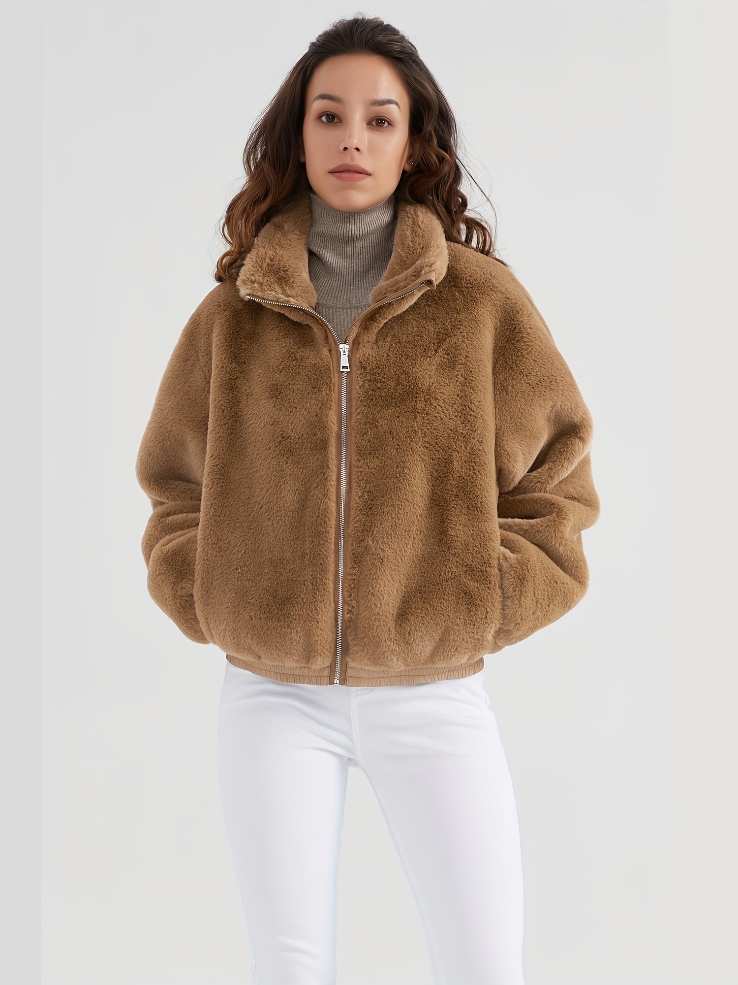 Faux fur jacket with stand-up collar