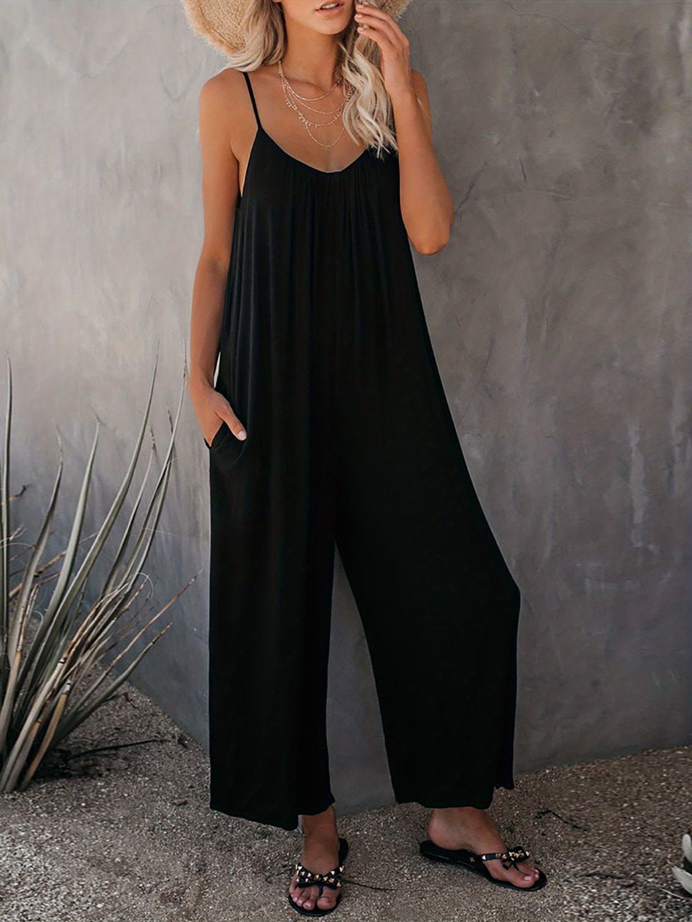 Jumpsuit with wide legs and spaghetti straps