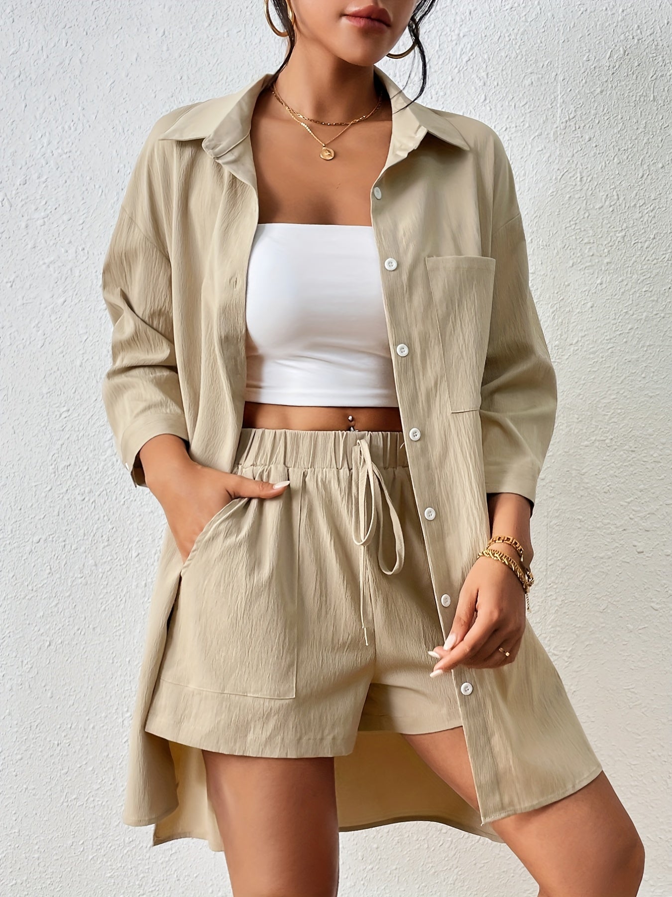 Button-up shirt and shorts with drawstring and elastic waistband