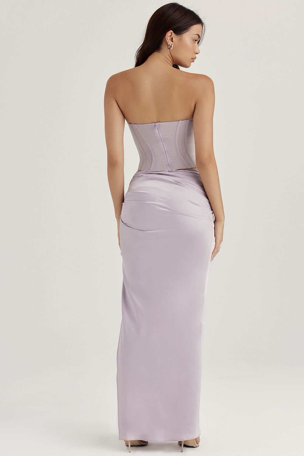 Gray underwire corset with satin pleated maxi skirt