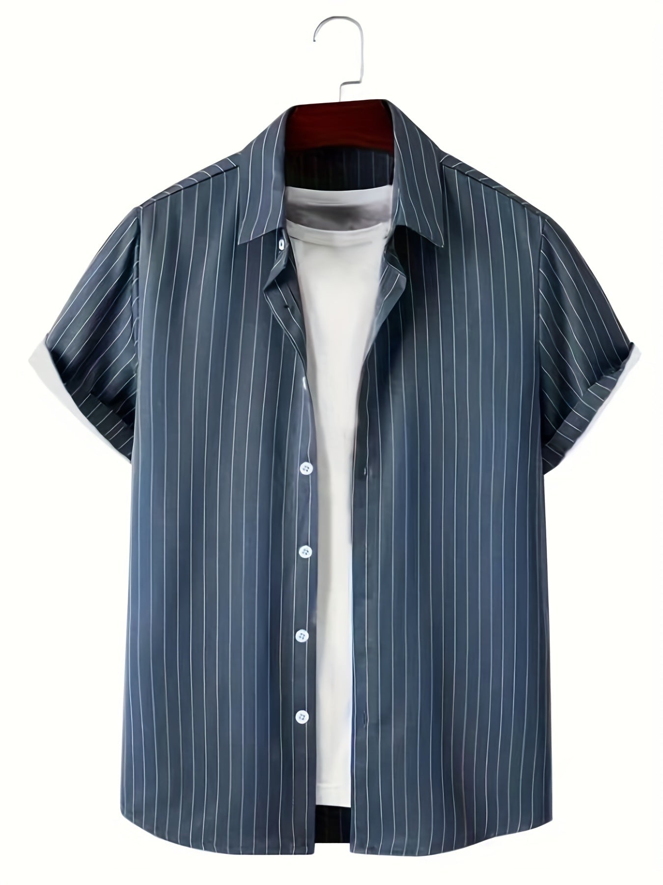 Casual striped non-stretch shirt with short sleeves and button down for men